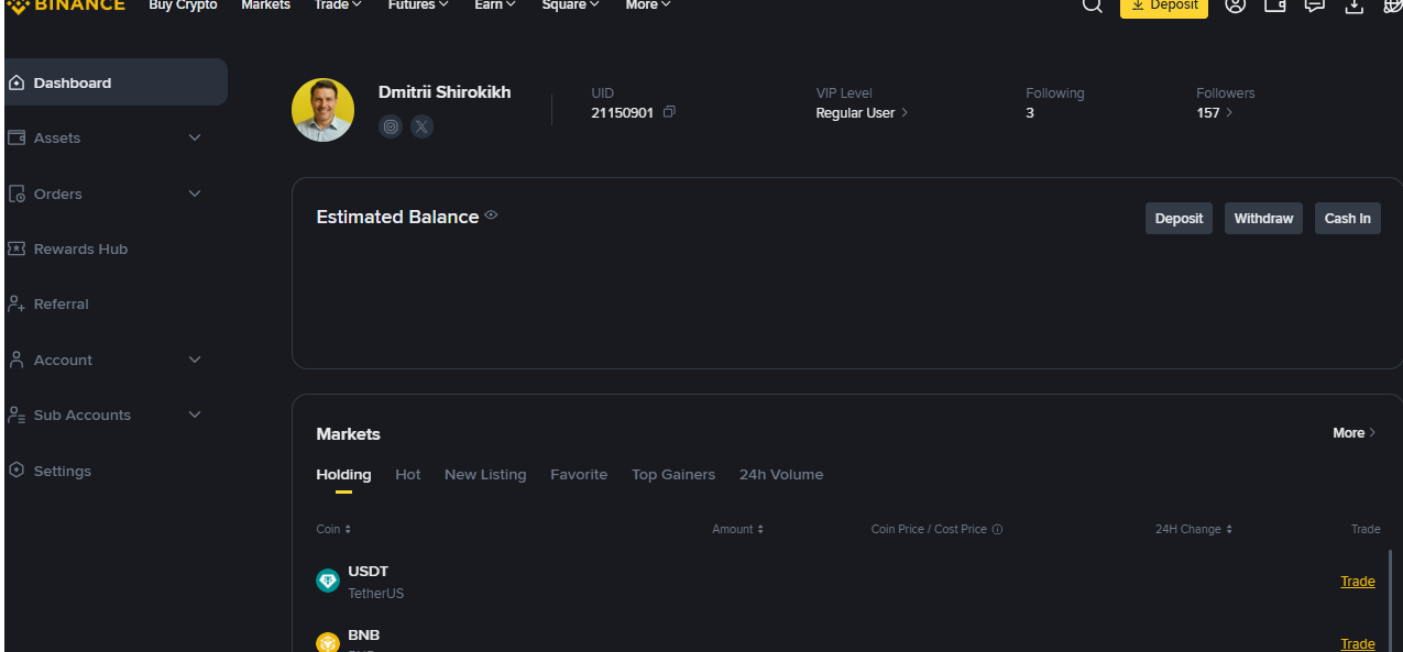 Binance portfolio overview showing cryptocurrency holdings