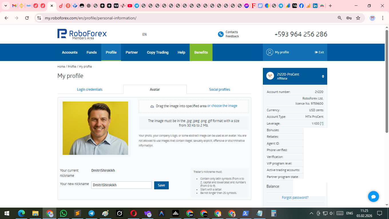 RoboForex account dashboard showing client ID and registration date